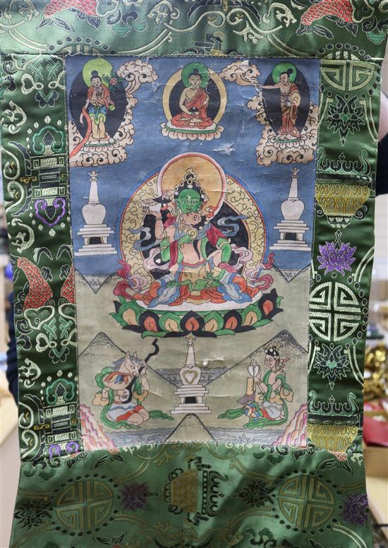 Two scroll paintings and a silk panel